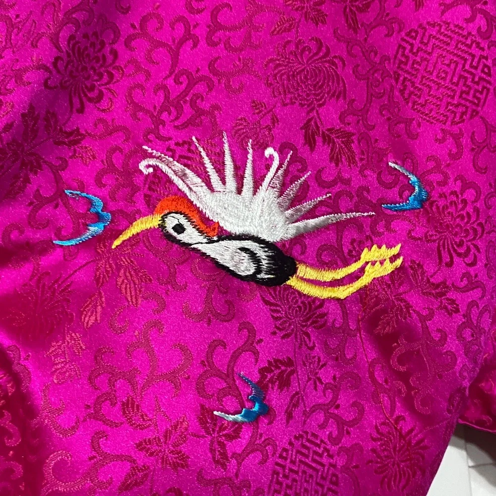 Fuchsia Satin Kimono Robe with White Trim